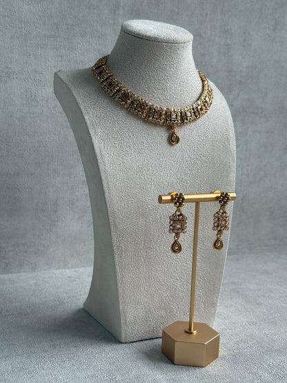 Ayura Designs Yashna Set – Necklace & Earrings with Champagne Kundan and Pearl Detailing in Antique Gold Finish