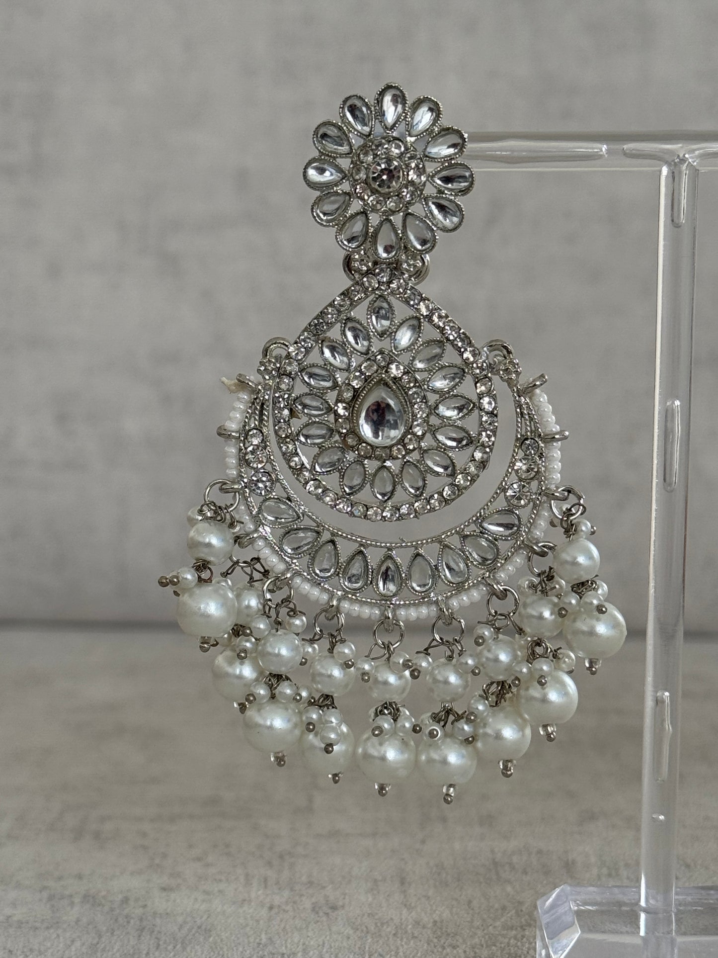 Ayura Designs Seher Tikka & Earrings Set – Radiant Silver with Luminous White Pearls