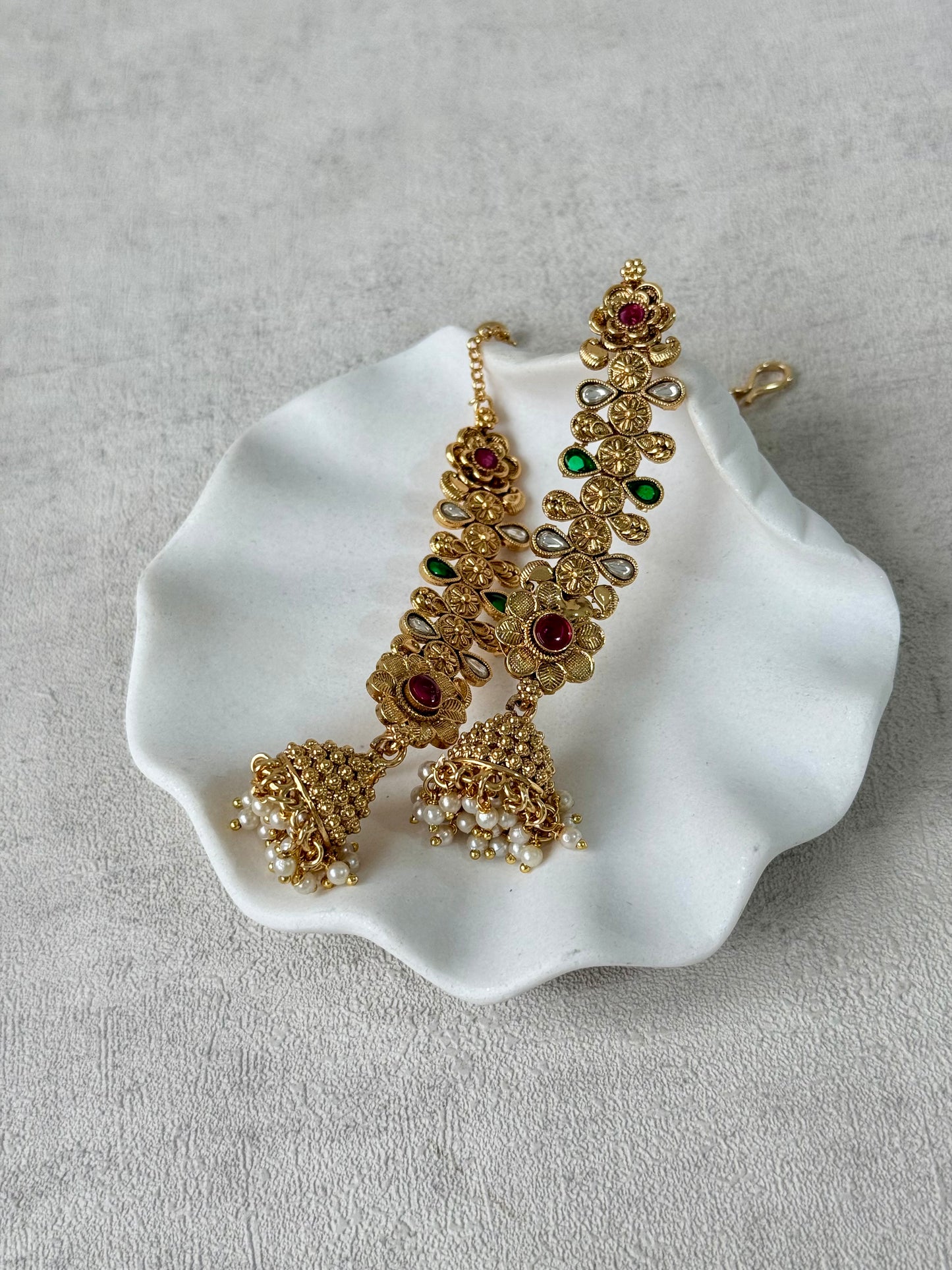 Ayura Designs Keerti Jhumkis – Antique Gold Kannauti Earrings with Ruby Pink & Emerald Green Stones, Mirror-Cut Detailing & Pearl Drops