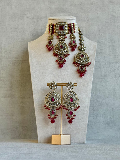 Ayura Designs Zarmeen Choker Set with Earrings & Tikka – Mirror-Cut Stones, Antique Gold Finish and Fuchsia Beads