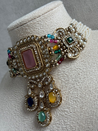 Ayura Designs Nabiha Choker Set with Studs – Blush Pink & Multicolour Stones, Pearl Detailing & Antique Gold Finish