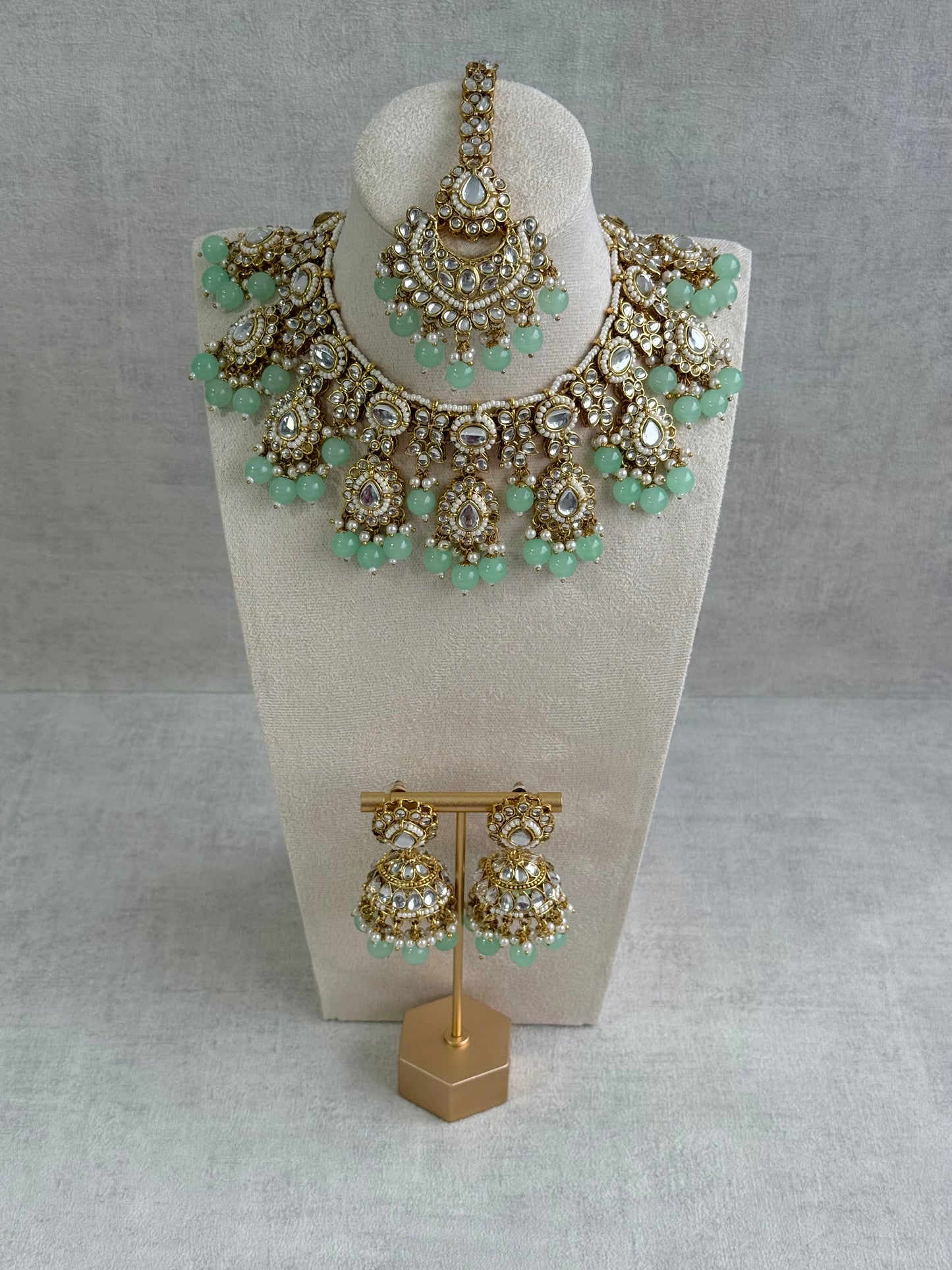 Ayura Designs Iyla Set with Necklace, Earrings & Tikka – Kundan Detailing, Ivory Pearl Drops & Mint Beads