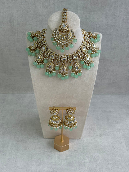 Ayura Designs Iyla Set with Necklace, Earrings & Tikka – Kundan Detailing, Ivory Pearl Drops & Mint Beads