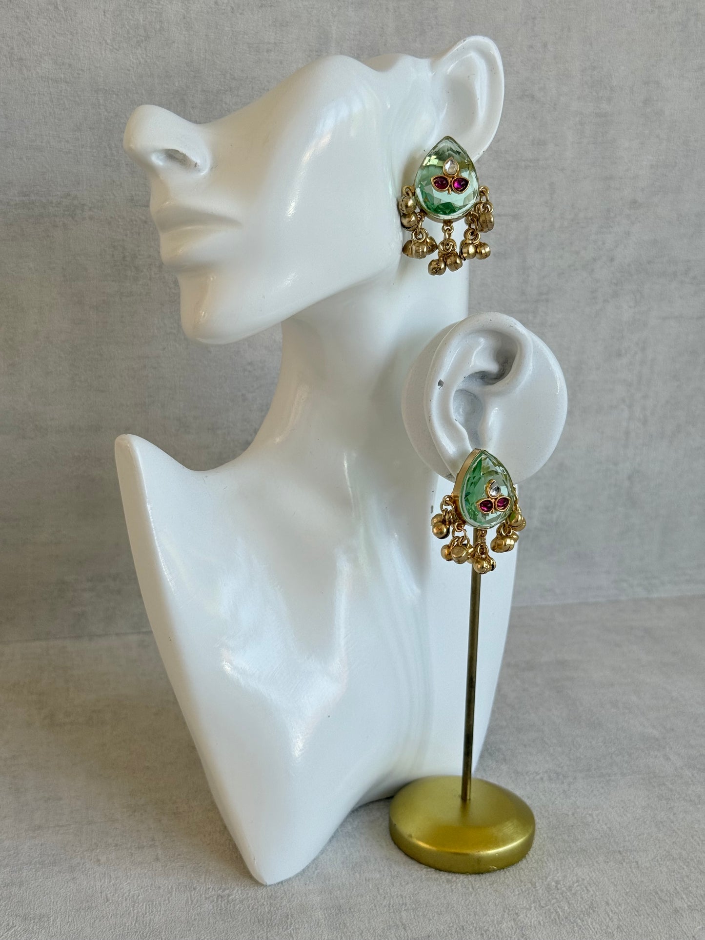 Ayura Designs Aykai Earrings – Pistachio Teardrop Stud Earrings with Clear Kundan Stones and Gold Ghungroo Drops