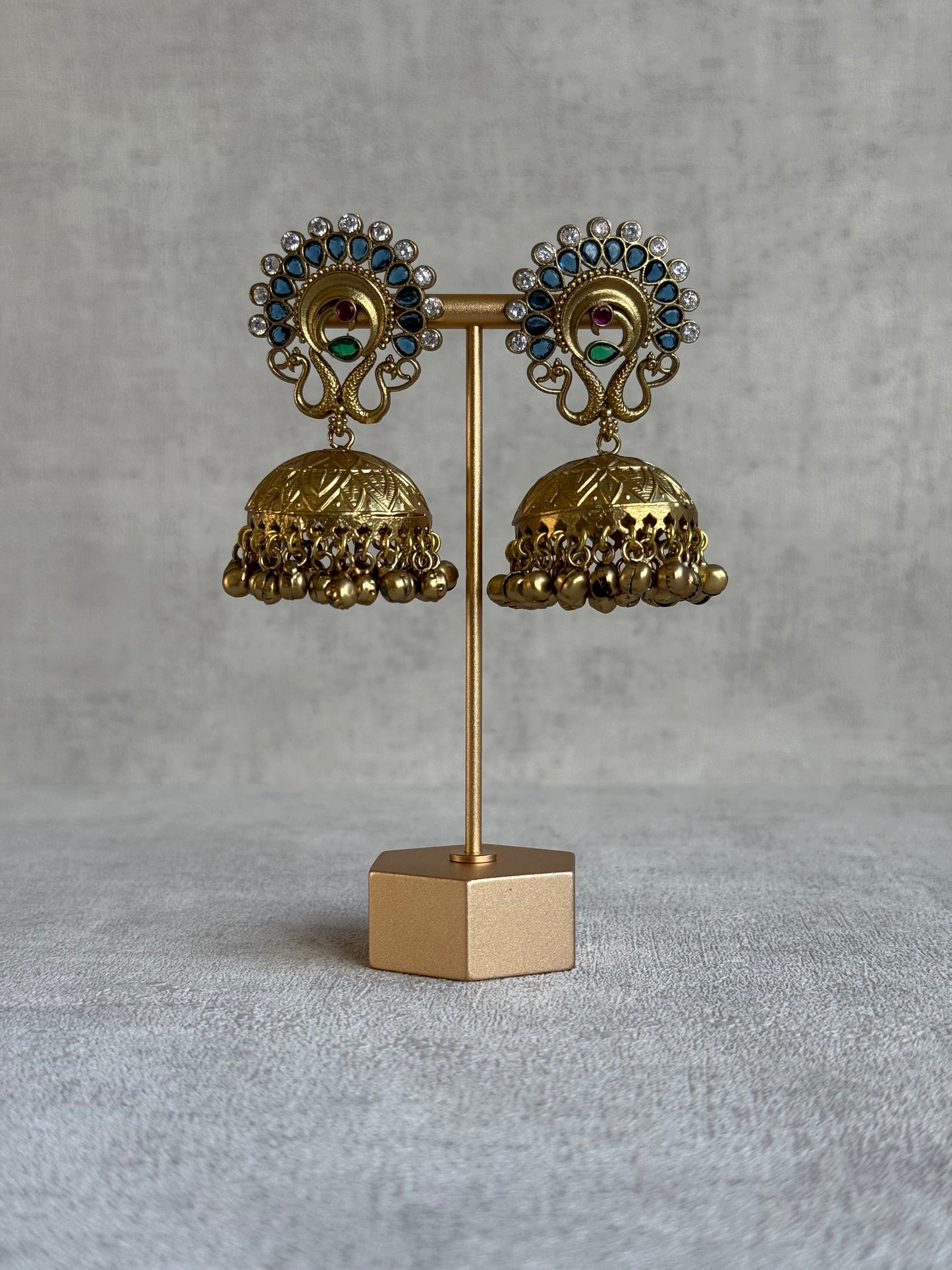 Ayura Designs Moraya Jhumkis – Ink Blue Peacock Motif with Antique Gold Detailing