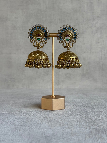 Ayura Designs Moraya Jhumkis – Ink Blue Peacock Motif with Antique Gold Detailing