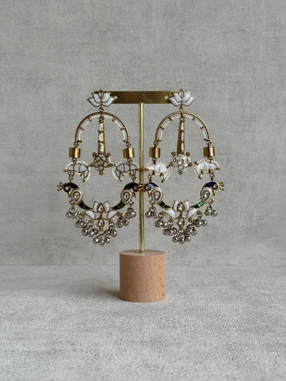 Ayura Designs Zoonpari Earrings – Ivory Pearl, Blue & Green Meenakari Peacock Chandeliers in Dual Tone with Ghungroos
