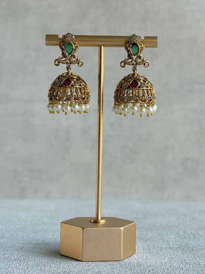 Ayura Designs Ehla Jhumkis – Gold Peacock Design with Green & Ruby Pink Stones, Crystals & Pearl Drops