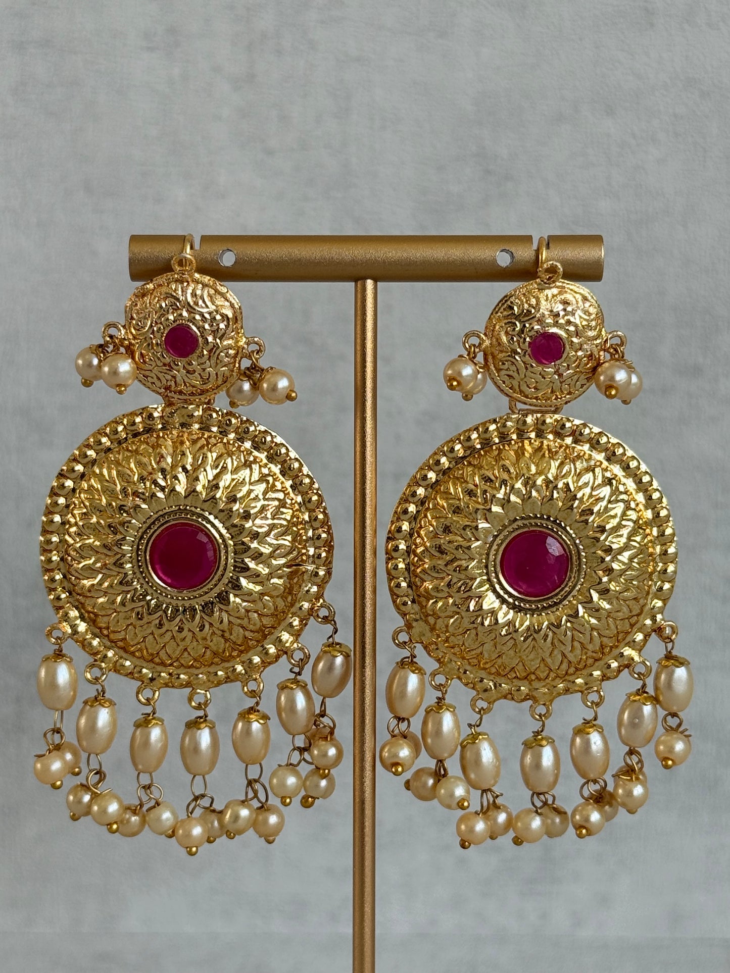 Ayura Designs Jyoti Set with Earrings & Tikka – Gold Disc Necklace with Ruby Pink & Pearl Detailing