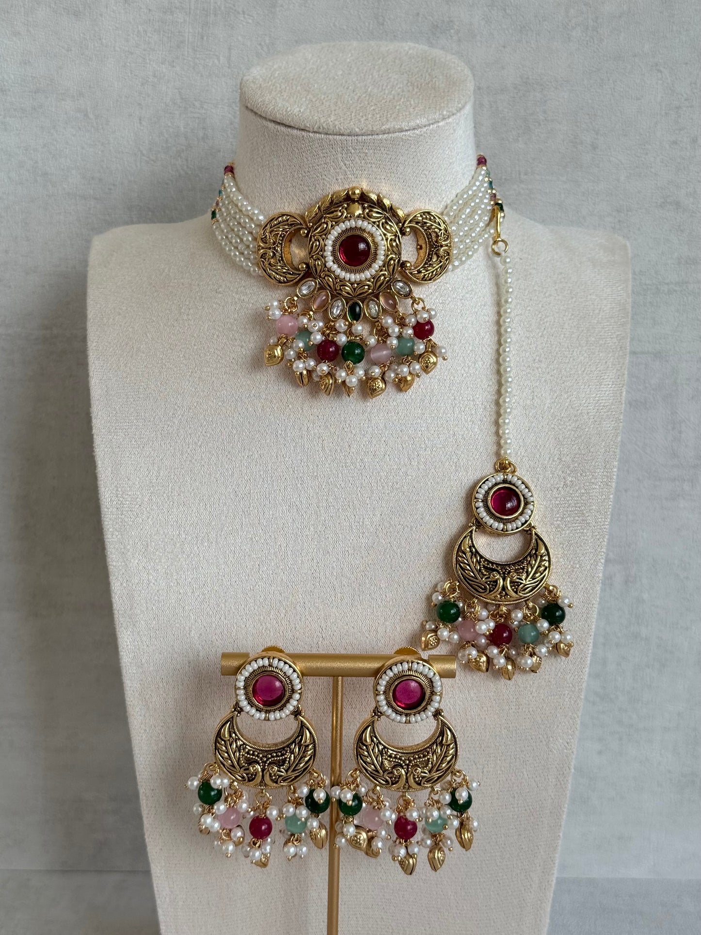 Ayura Designs Mehr Choker Set with Earrings & Tikka – Multicolour Beads, Ruby Pink Centre Stones, Pearl Strands & Antique Gold Finish