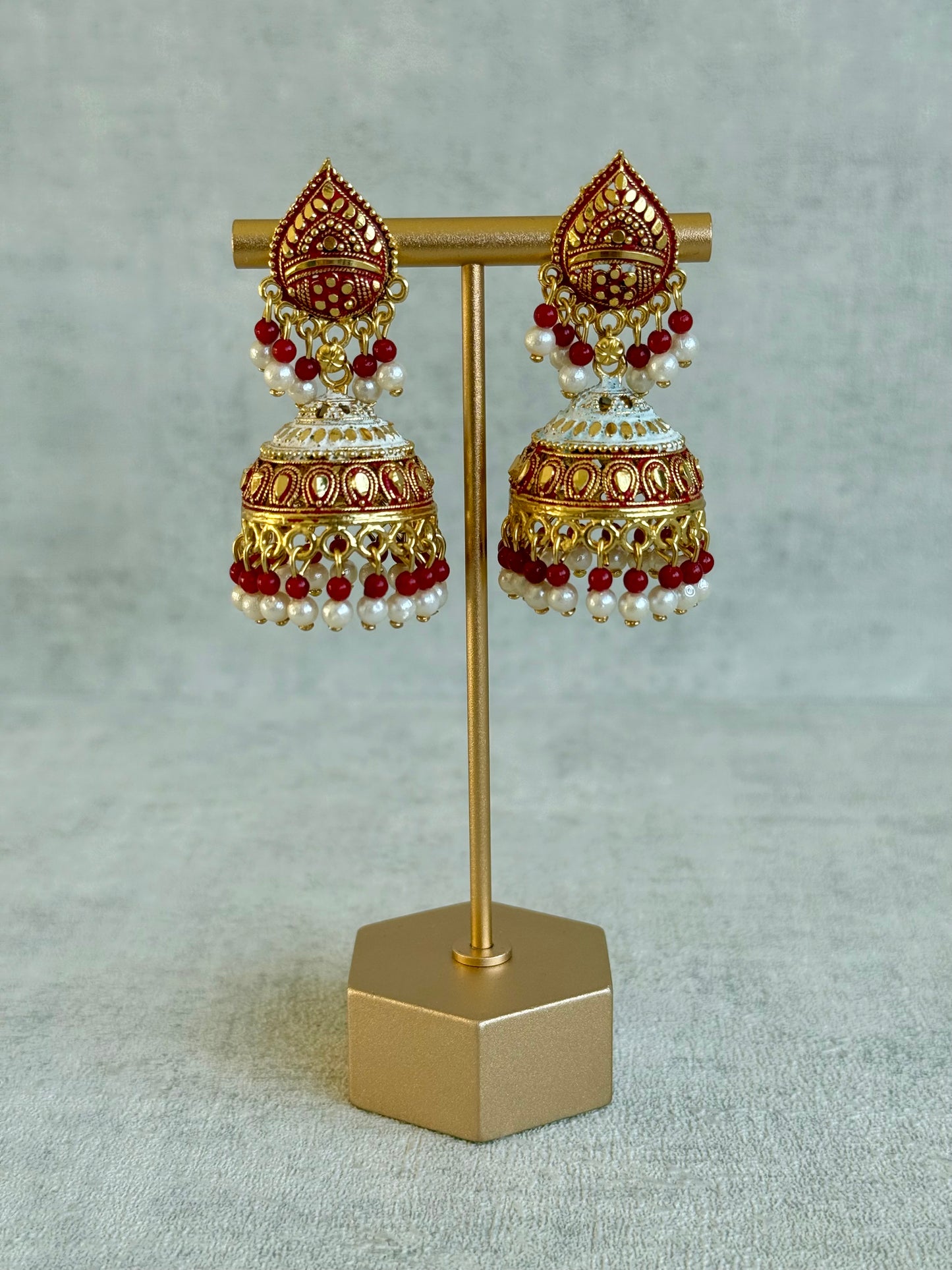 Ayura Designs Jogan Jhumkis – Red & White Beads with Antique Gold Detailing