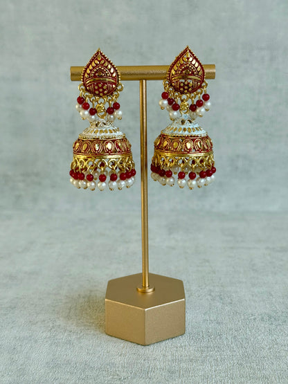 Ayura Designs Jogan Jhumkis – Red & White Beads with Antique Gold Detailing