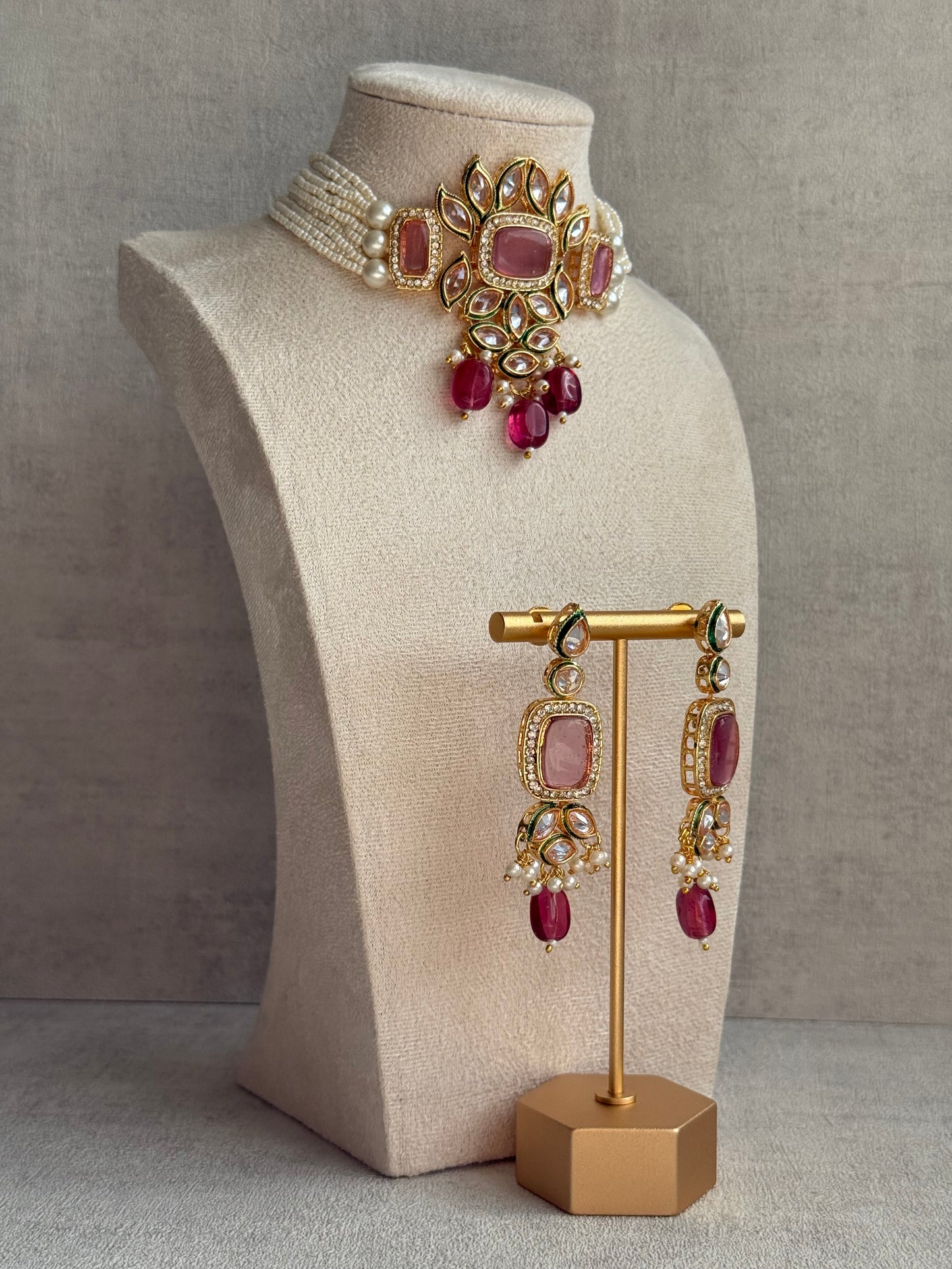 Ayura Designs Raaz Set with Necklace & Earrings – Berry Pink Stones, Kundan Detailing & Antique Gold Finish