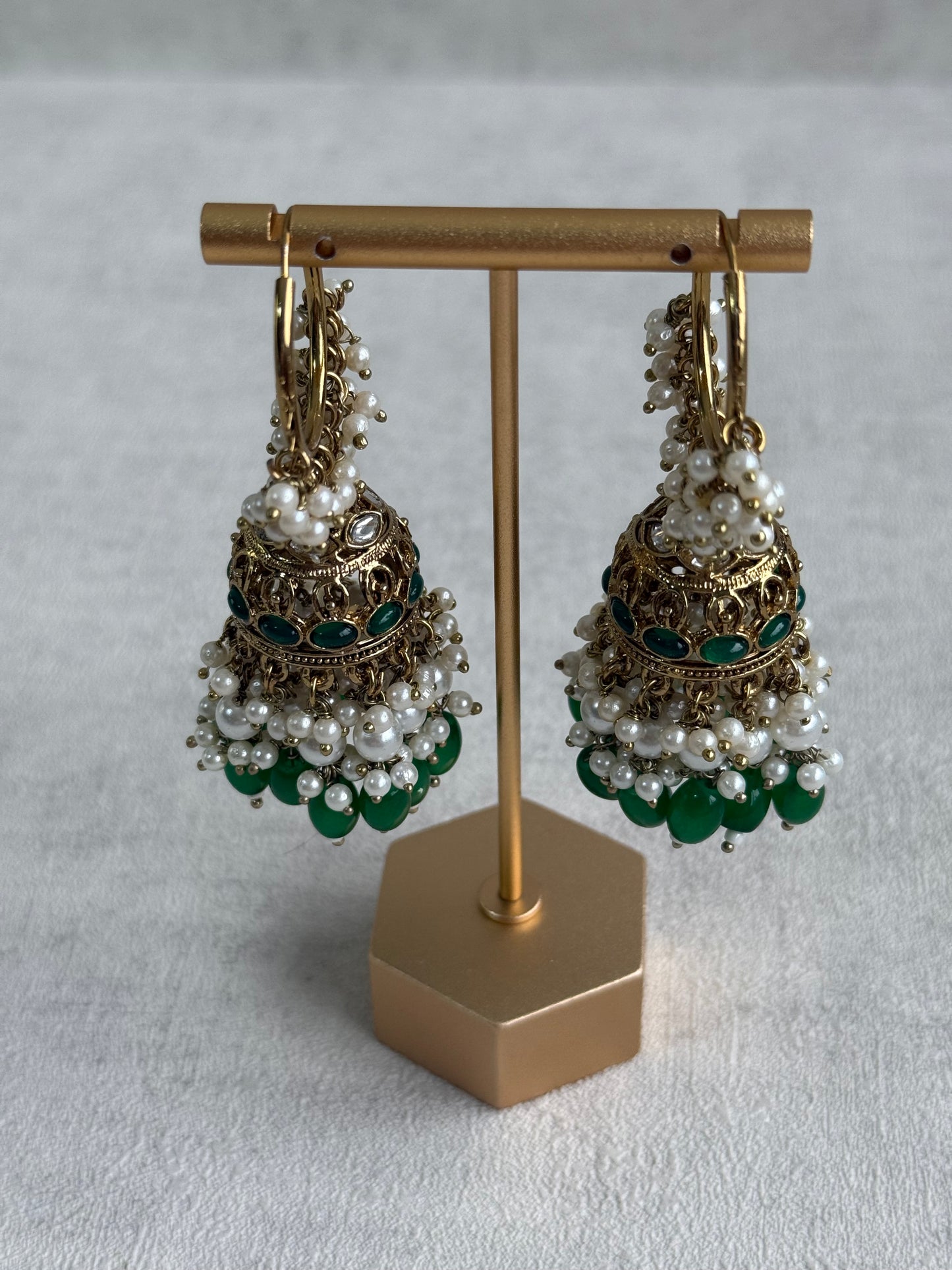 Ayura Designs Jugni Jhumkis – Antique Gold Balis with Emerald Beads & Pearl Clusters