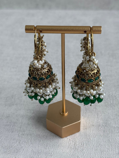 Ayura Designs Jugni Jhumkis – Antique Gold Balis with Emerald Beads & Pearl Clusters