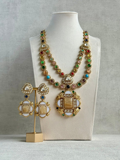 Ayura Designs Daphne Necklace Set with Statement Earrings – Gold Finish with Moissanite-Style Stones & Multicolour Accents