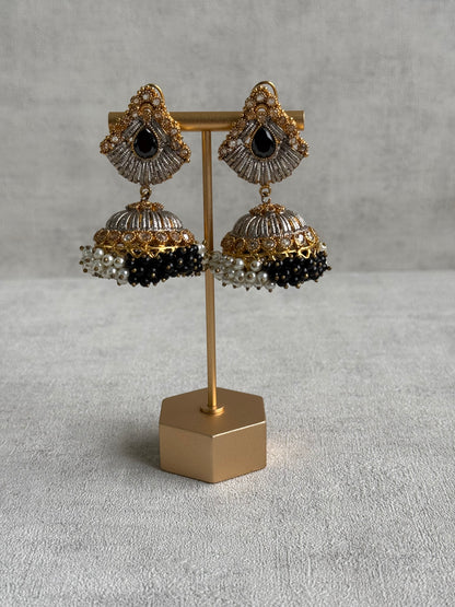 Ayura Designs Nasha Jhumkis – Silver & Gold Dual-Tone Earrings with Black & Pearl Beads