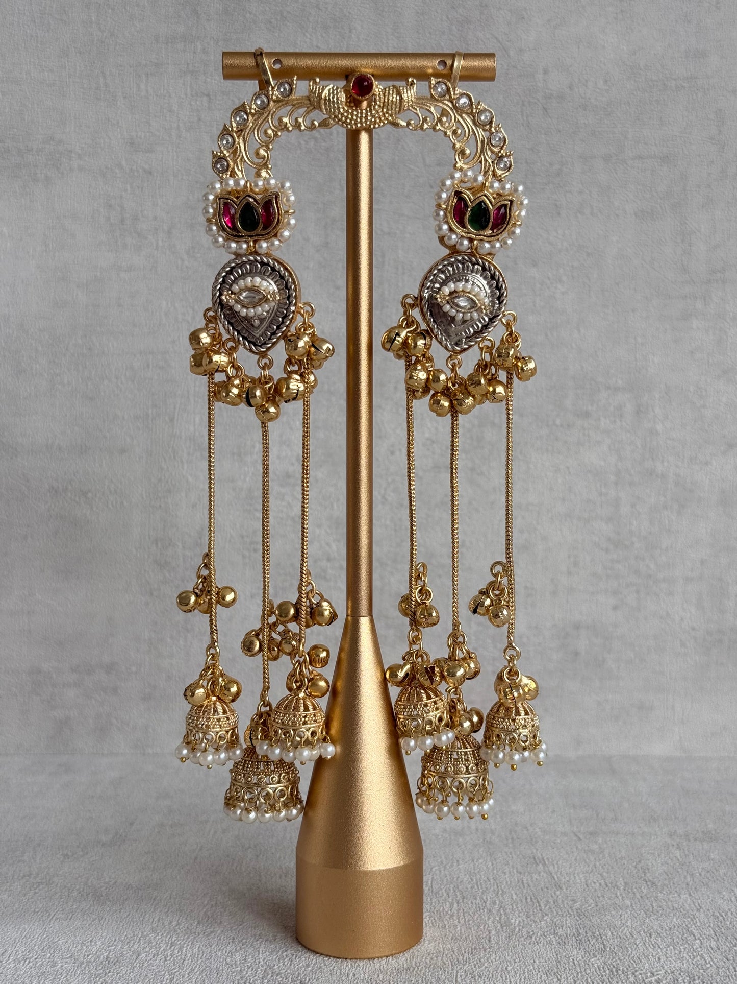 Ayura Designs Kaifiya Earrings – Peacock-Inspired Half Ear Cuff Jhumkis with Ruby Pink & Emerald Stones