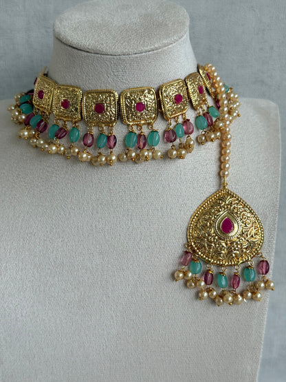 Ayura Designs Chetna Choker Set with Earrings & Tikka – Aqua & Rani Pink Beads, Cream Pearl Drops with Pipal Patti Detailing