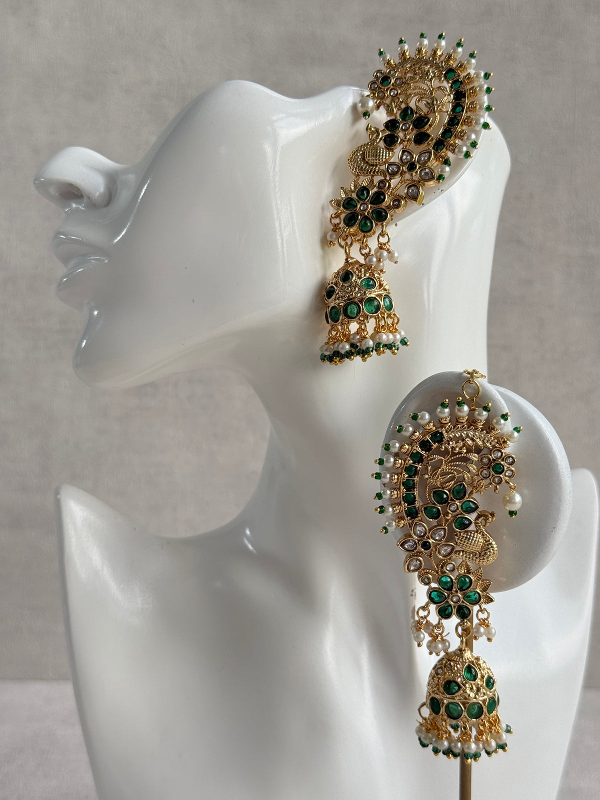 Ayura Designs Nitya Kaanphool Jhumkis – Gold Peacock Motifs, Emerald Green Kundan & Pearl Drops with Attached Sahare