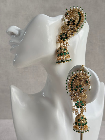 Ayura Designs Nitya Kaanphool Jhumkis – Gold Peacock Motifs, Emerald Green Kundan & Pearl Drops with Attached Sahare