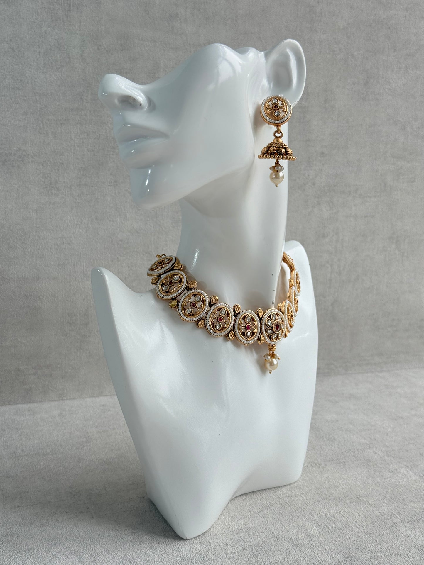 Ayura Designs Laina Necklace Set with Jhumkis – Kundan & Rani Pink Stones, Pearls & Antique Gold Finish