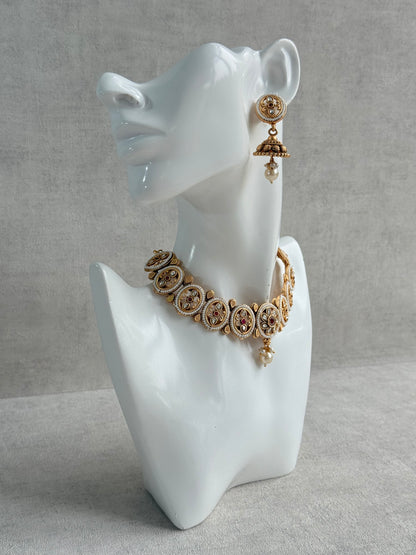 Ayura Designs Laina Necklace Set with Jhumkis – Kundan & Rani Pink Stones, Pearls & Antique Gold Finish