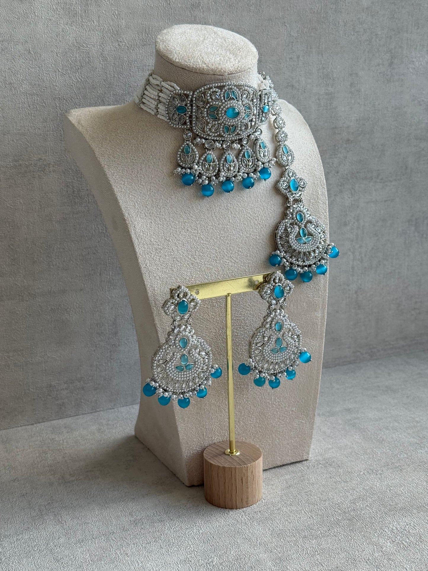 Ayura Designs Zarlish Set – Choker, Earrings & Tikka with Mirror-Cut Stones, Aqua Blue Beads & Silver Finish