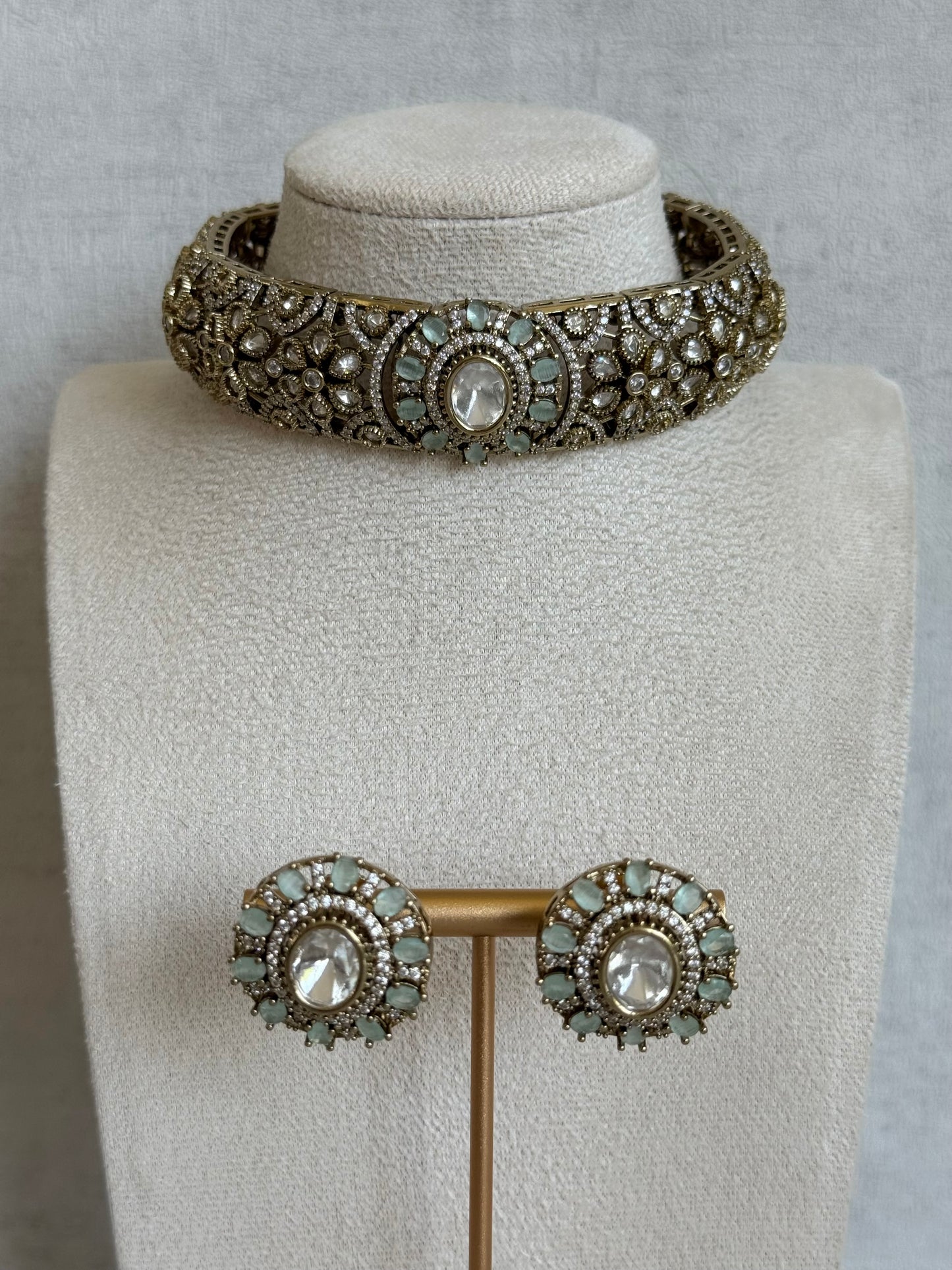 Ayura Designs Genevieve Choker Set with Studs – Mint Crystal Kundan in Antique Gold