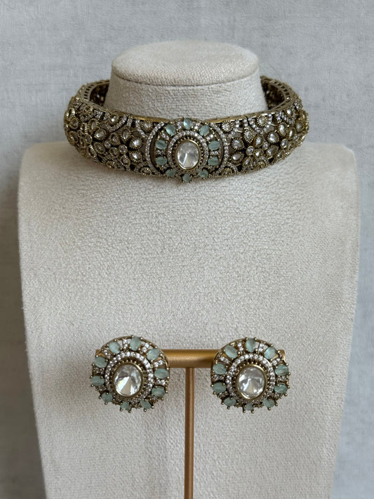 Ayura Designs Genevieve Choker Set with Studs – Mint Crystal Kundan in Antique Gold