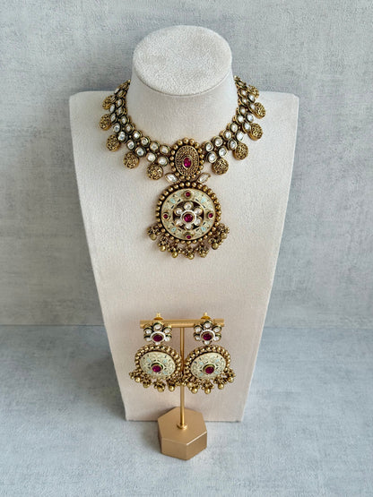 Ayura Designs Zayna Set with Necklace & Earrings – Ivory Meenakari with Rani Pink Stones