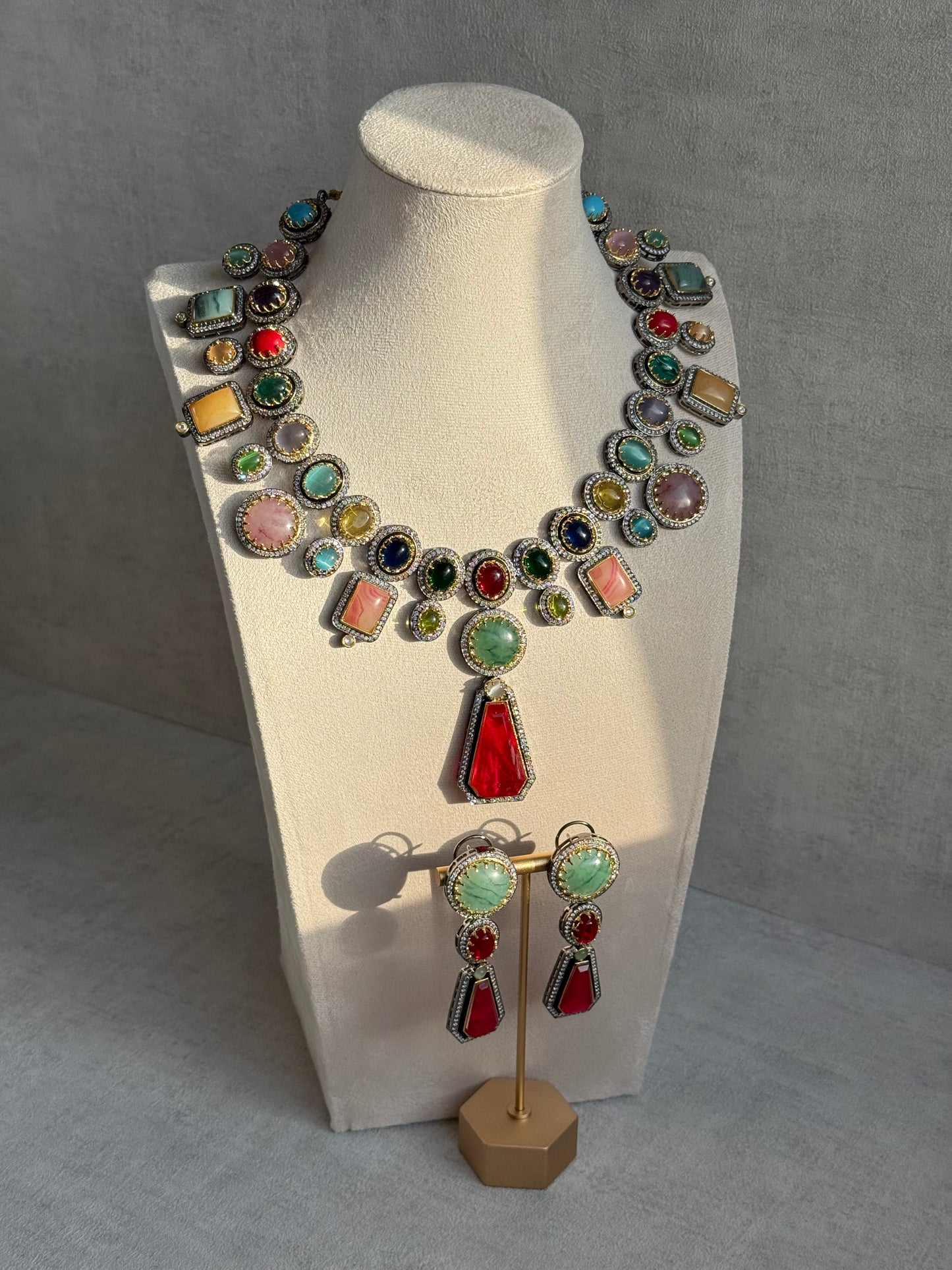 Ayura Designs Ophelia Set with Necklace & Earrings – Navratan Stone Detailing with Antique Silver Finish