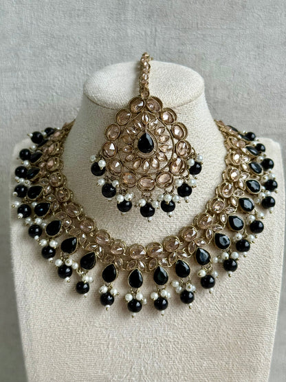 Ayura Designs Emaan Set with Jhumkis & Tikka – Black Beads, Mirror-Cut Stones & Antique Gold Finish