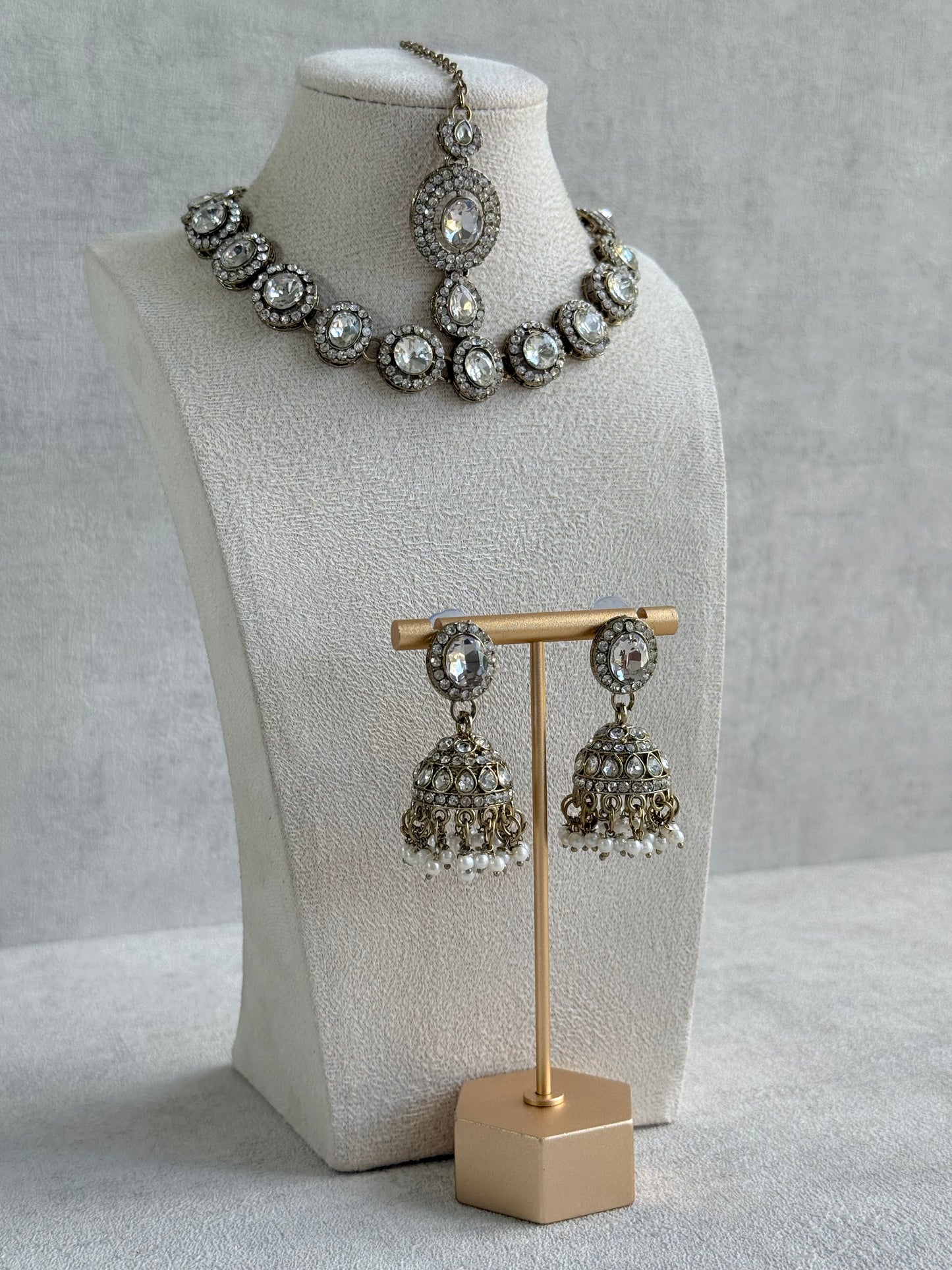 Ayura Designs Eira Necklace Set with Earrings & Tikka – Crystal Stones with Antique Gold Finish