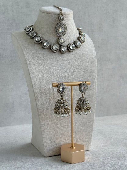 Ayura Designs Eira Necklace Set with Earrings & Tikka – Crystal Stones with Antique Gold Finish