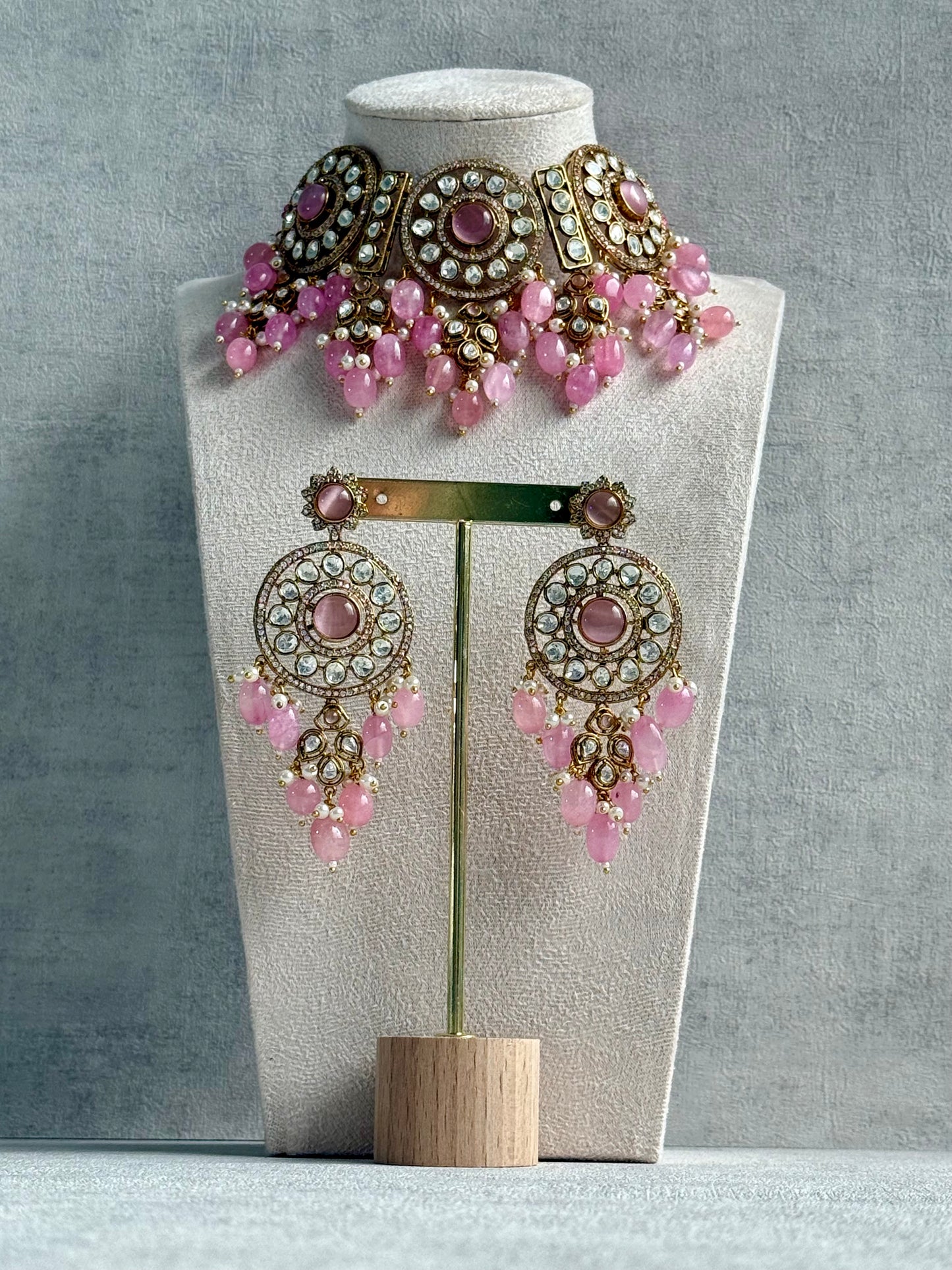 Ayura Designs Harper Set – Antique Gold Choker & Earrings with Blush Pink Beads, Kundan Stones & Pearl Detailing