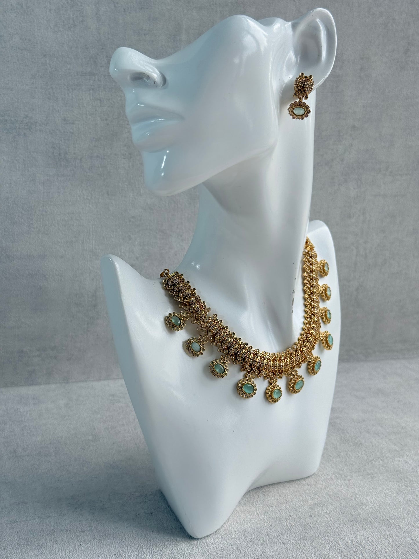 Ayura Designs Elisha Necklace Set with Earrings – Mint Green & Crystal Stone Detailing
