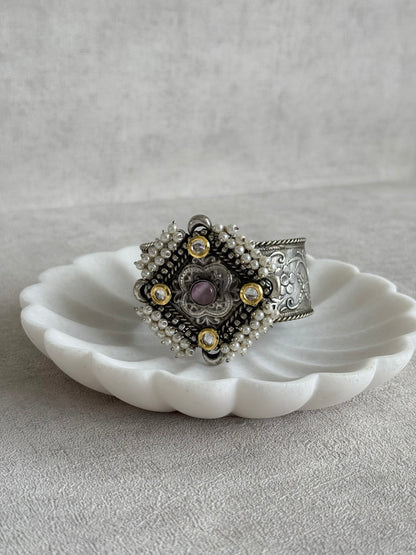 Ayura Designs Suhani Adjustable Kashmiri Cuff Bracelet – Pearl Floral Motif with Pink Stone & Kundan Detailing