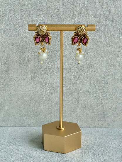 Ayura Designs Mayura Necklace Set with Earrings – Antique Gold Meenakari Motifs with Pearl Drop & Rani Pink and Emerald Green Stones