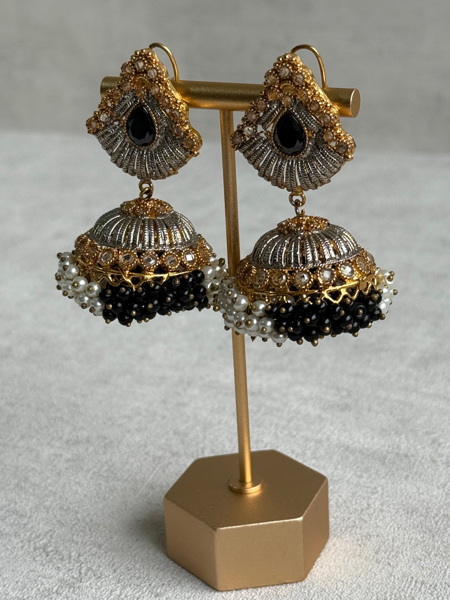 Ayura Designs Nasha Jhumkis – Silver & Gold Dual-Tone Earrings with Black & Pearl Beads