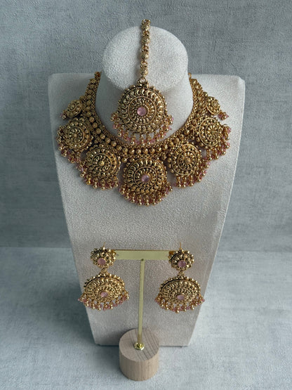 Ayura Designs Rummy Set – Statement Necklace, Earrings & Tikka with Blush Pink Beads and Polished Gold Finish