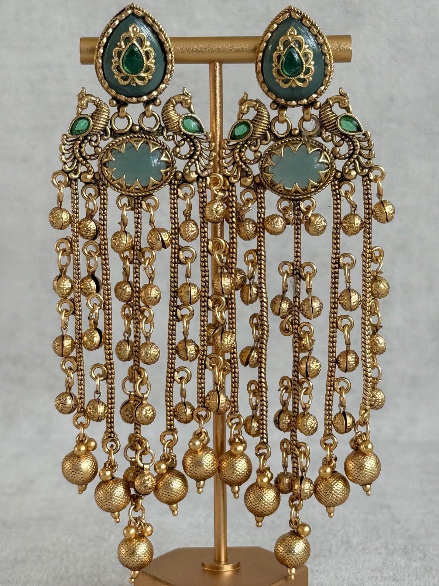Ayura Designs Pakhi Earrings – Peacock Statement Earrings with Green Stones & Ghungroo Chain Tassels