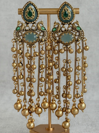 Ayura Designs Pakhi Earrings – Peacock Statement Earrings with Green Stones & Ghungroo Chain Tassels