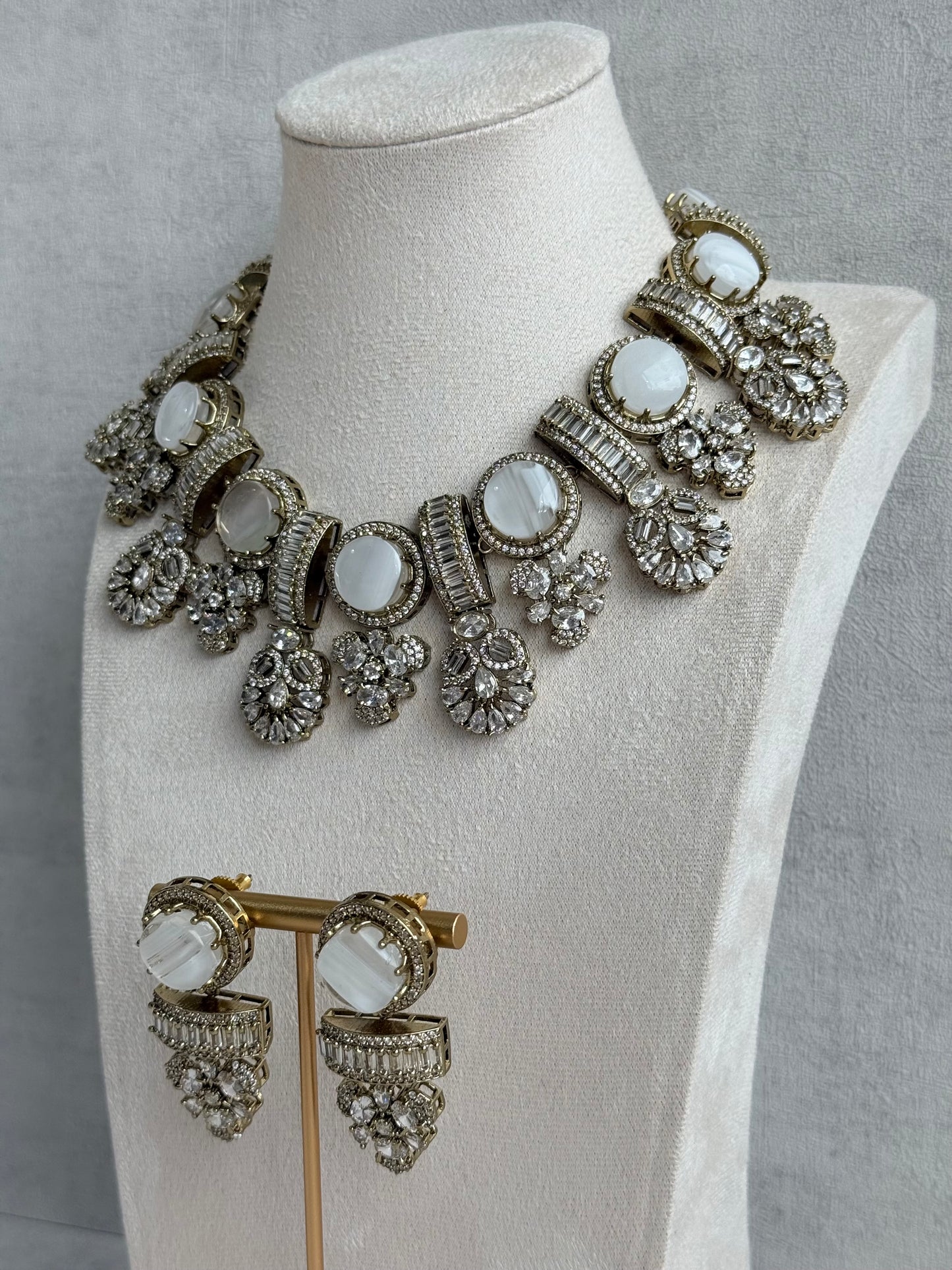 Ayura Designs Aabira Necklace Set with Earrings – White Marble Stones with Moissanite Style Detailing