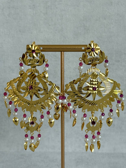 Ayura Designs Baisakhi Set with Earrings & Tikka – Gold Pipal Patti Design with Ruby Pink Beads & Pearl Detailing