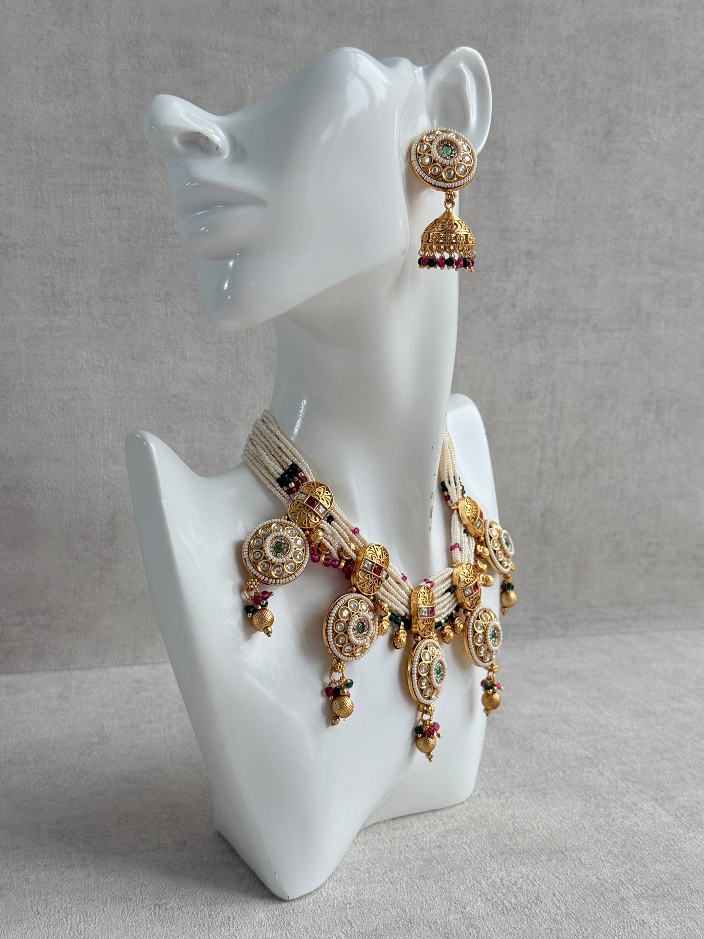 Ayura Designs Kesar Necklace Set with Jhumkis – Multi-Strand Pearl Design, Kundan, Rani Pink & Green Stones & Gold Finish