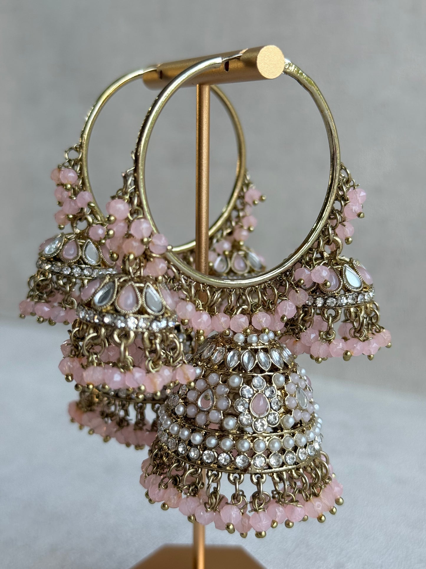 Ayura Designs Jindri Balis – Blush Pink & Antique Gold Triple Jhumki Earrings with Mirror-Cut Stones & Pearl Detailing