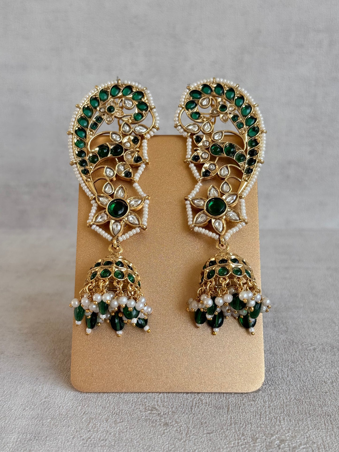 Ayura Designs Urisha Ear Climber Jhumkis – Emerald Green, Kundan & Pearl Detailing