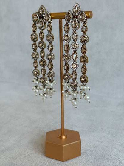 Ayura Designs Emilia Earrings – Gold Triple Strand Statement Earrings with Champagne Stones & Pearl Drops