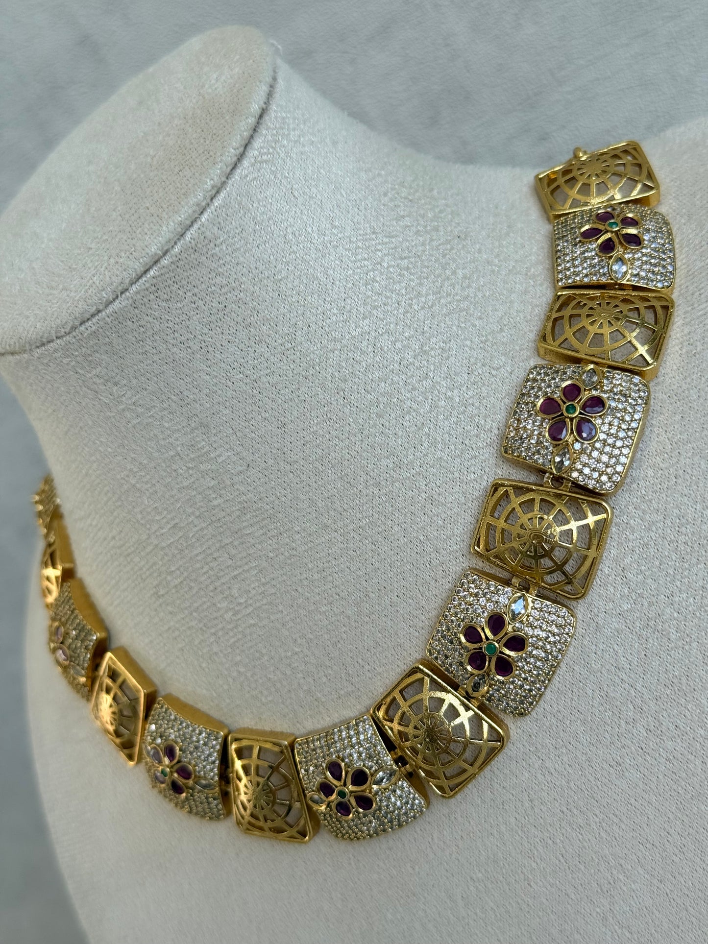 Ayura Designs Vibha Necklace & Stud Earrings Set – Gold Floral Statement Design with Ruby Pink & Crystal Detailing